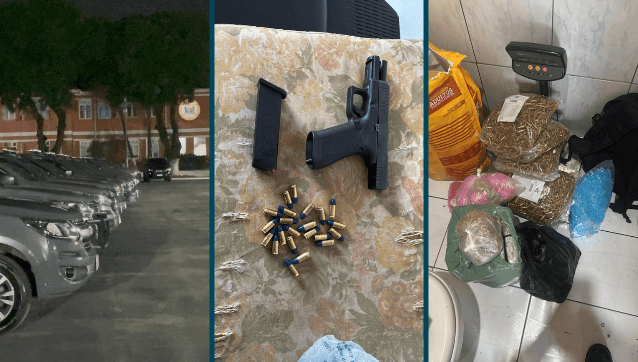 Equipes apreenderam pistola, munições e grande quantidade de drogas