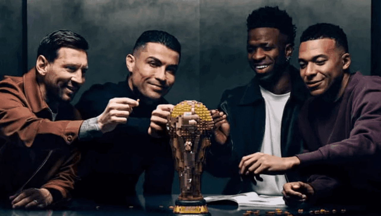 Lego reúne Cristiano Ronaldo, Messi, Vini Jr. e Mbappé em campanha da Copa