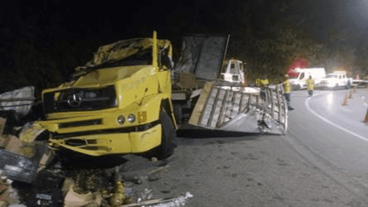 Caminhão tomba na Rodovia dos Tamoios após falha no freio em Paraibuna
