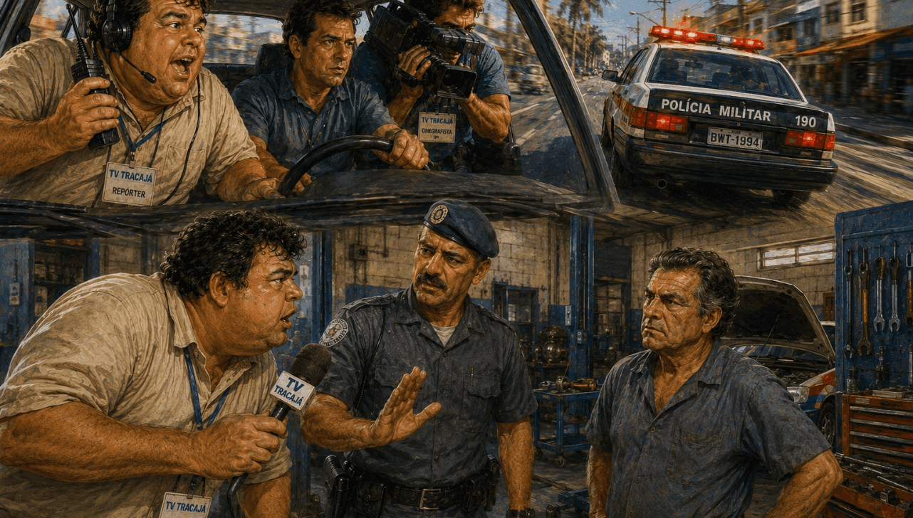 Repórter e polícia em ação nas ruas, registrando a realidade urbana