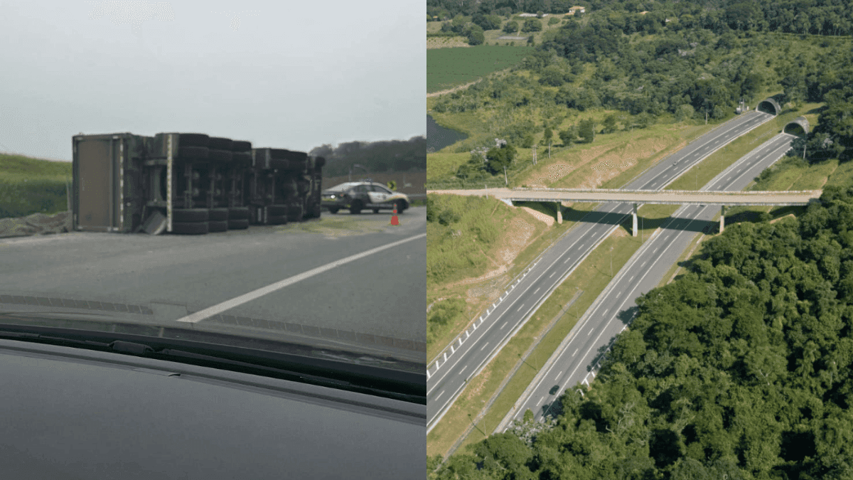 Caminhão tombado no km 126 da Carvalho Pinto, sentido interior.