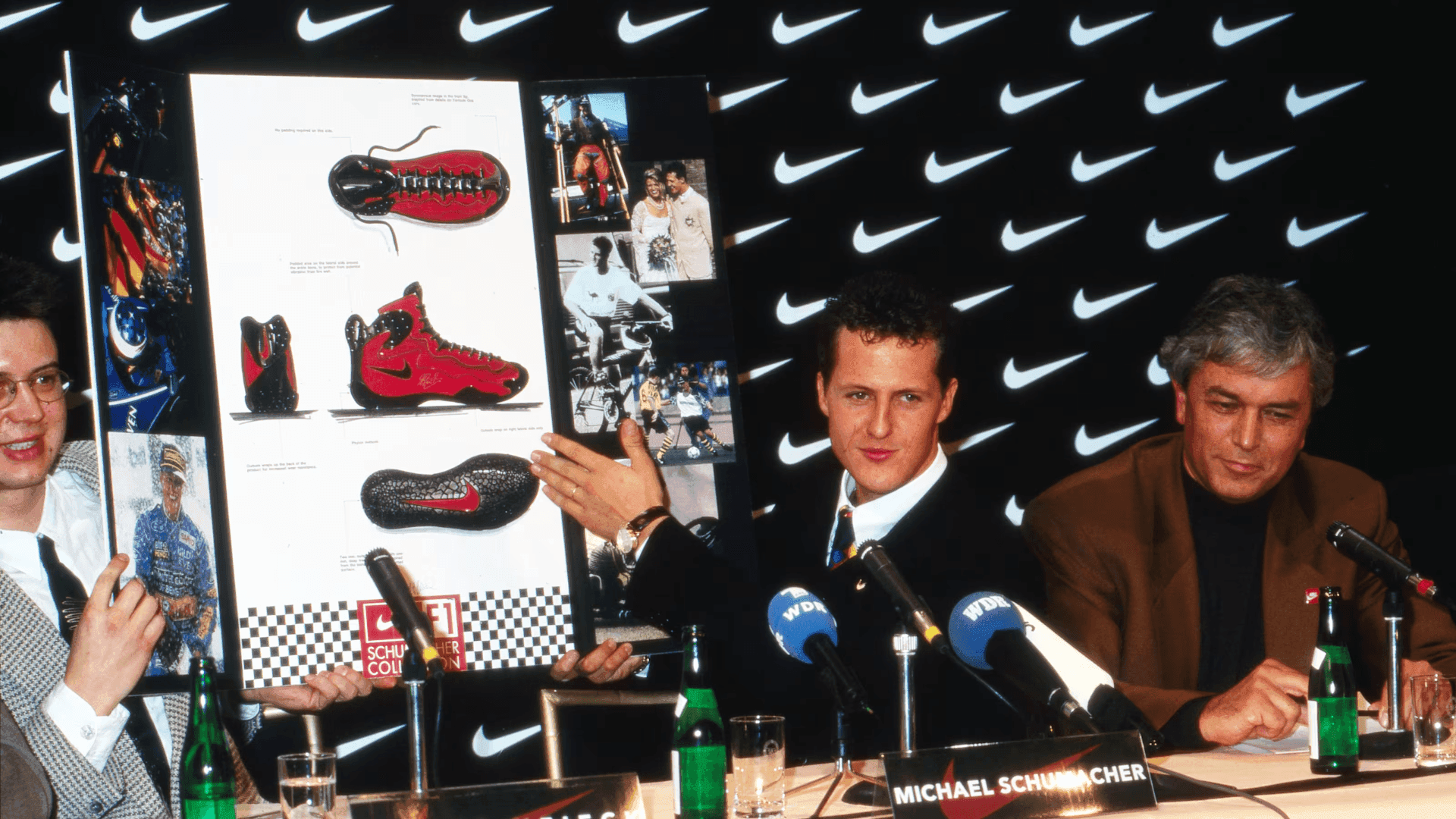 Michael Schumacher durante coletiva de imprensa com a Nike em 1996