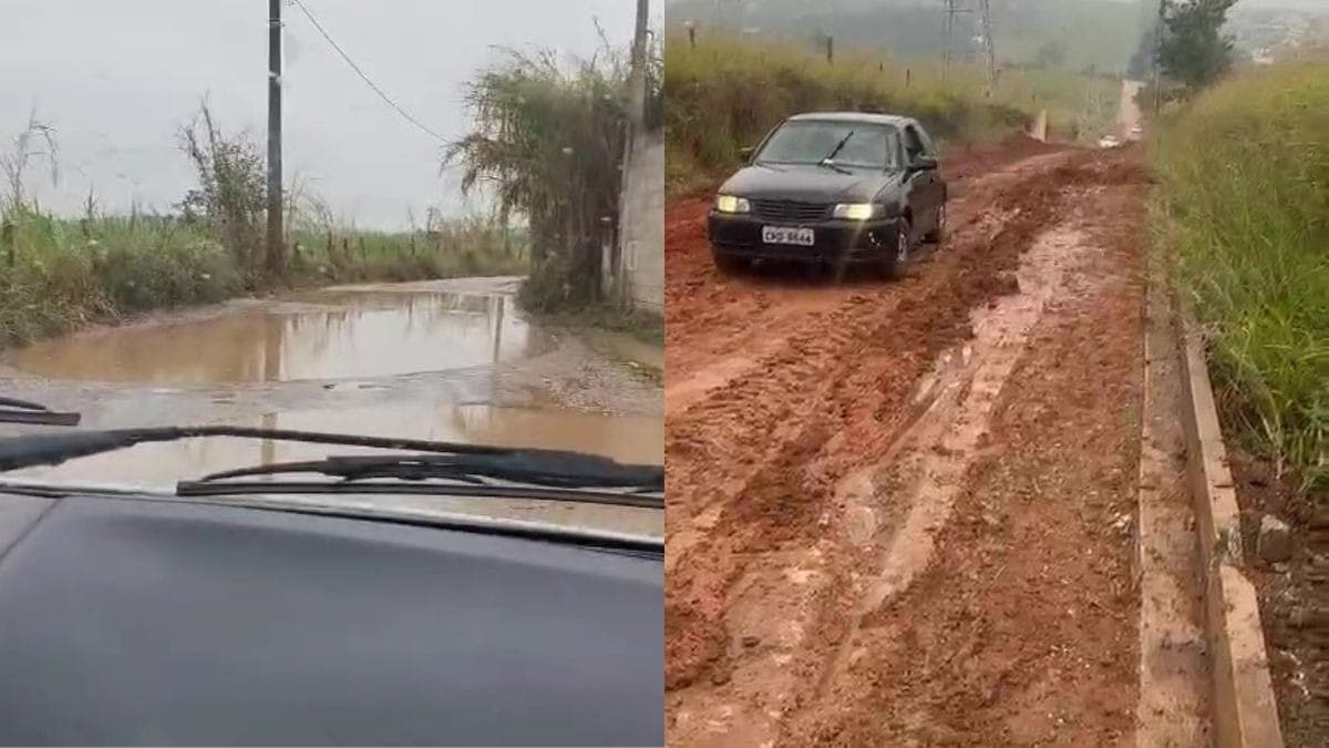 Chuva em Caçapava: carros atolados na lama na estrada do Portal Villa Rica
