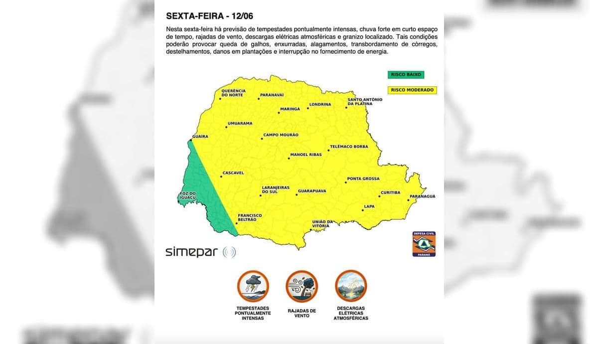 Mapa com o alerta para as regiões em amarelo