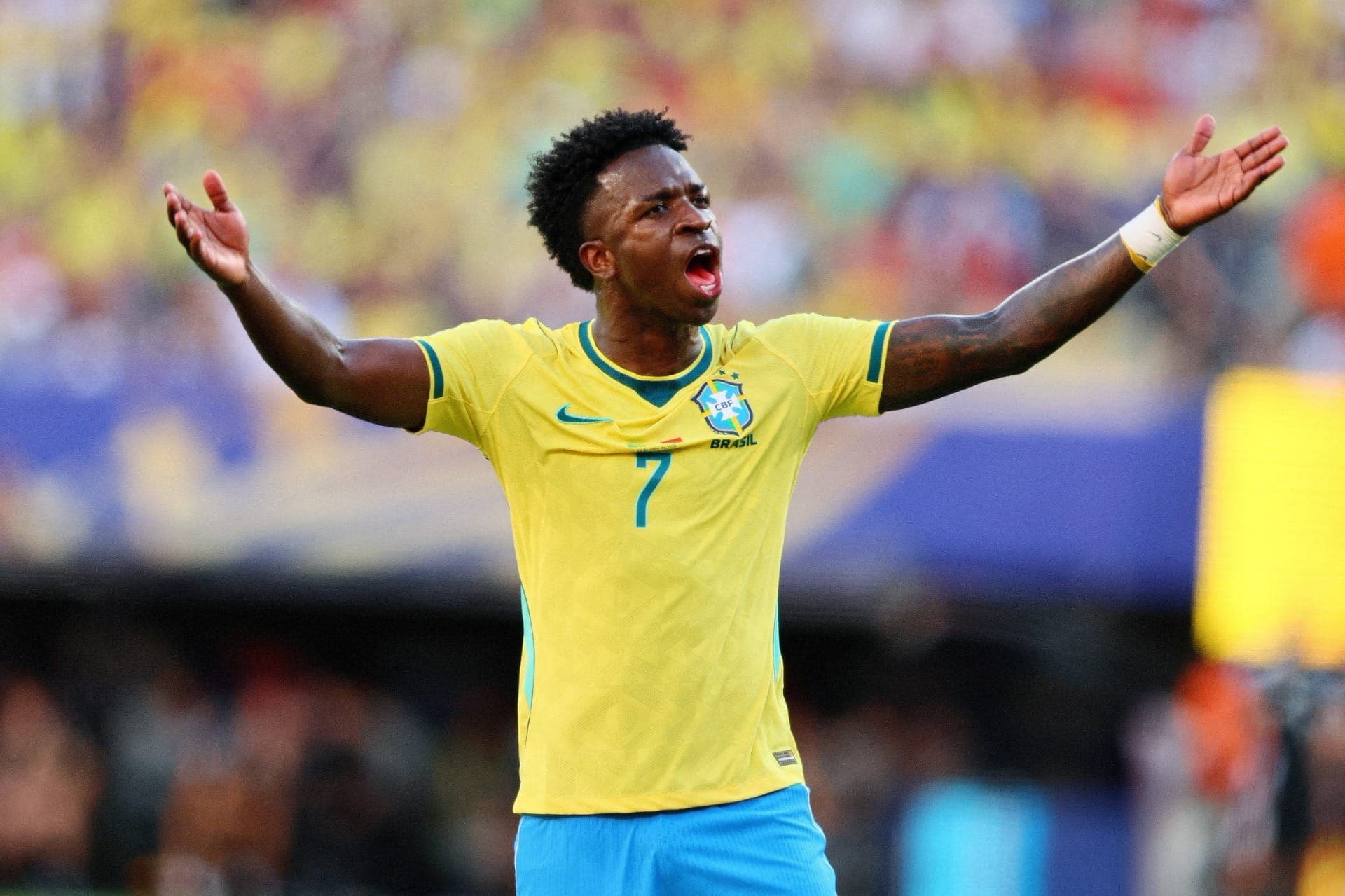Vini Jr comemora o empate do Brasil contra Marrocos