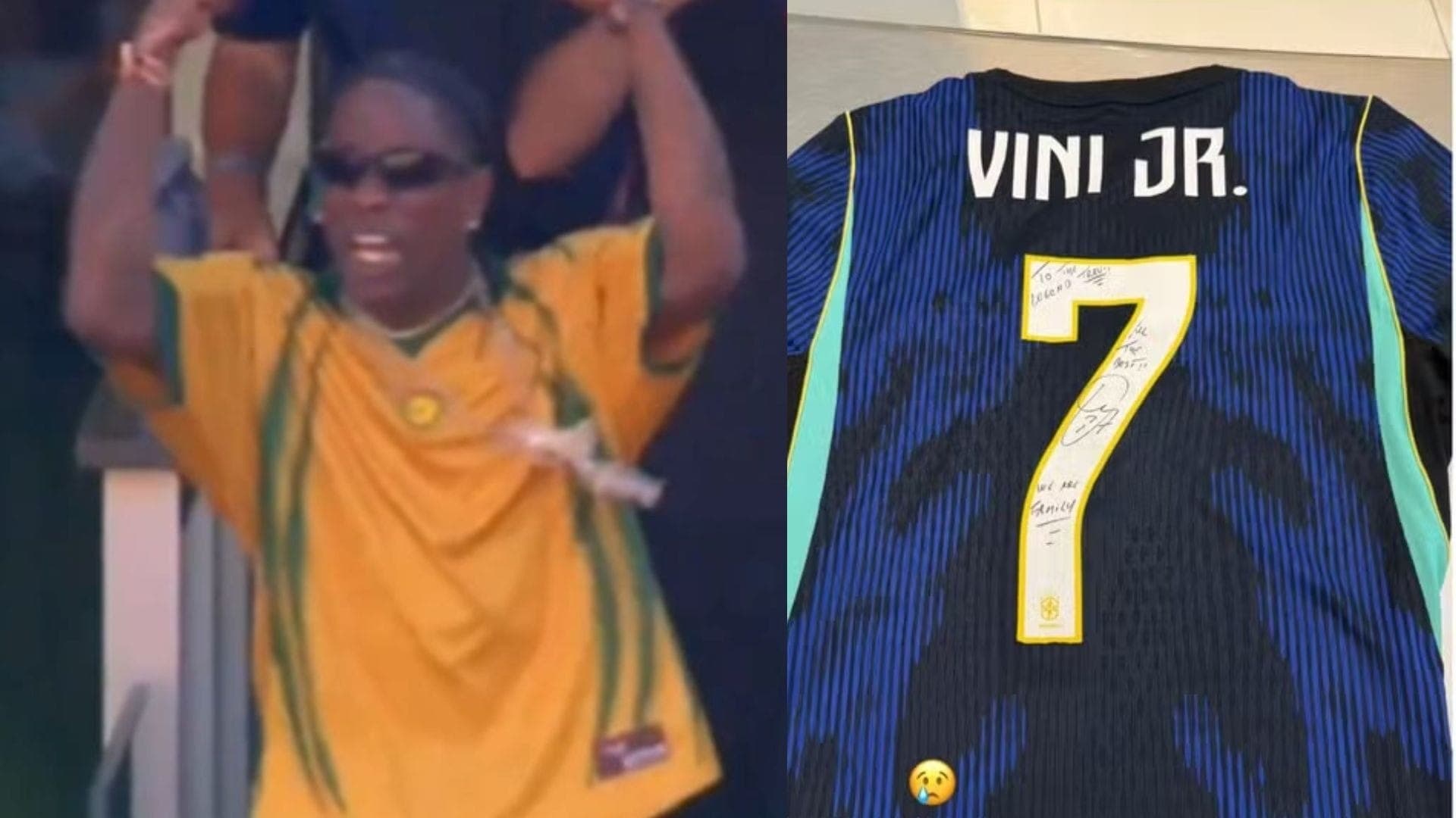 Travis Scott ganha camisa autografada de Vini Jr. após torcer pelo Brasil