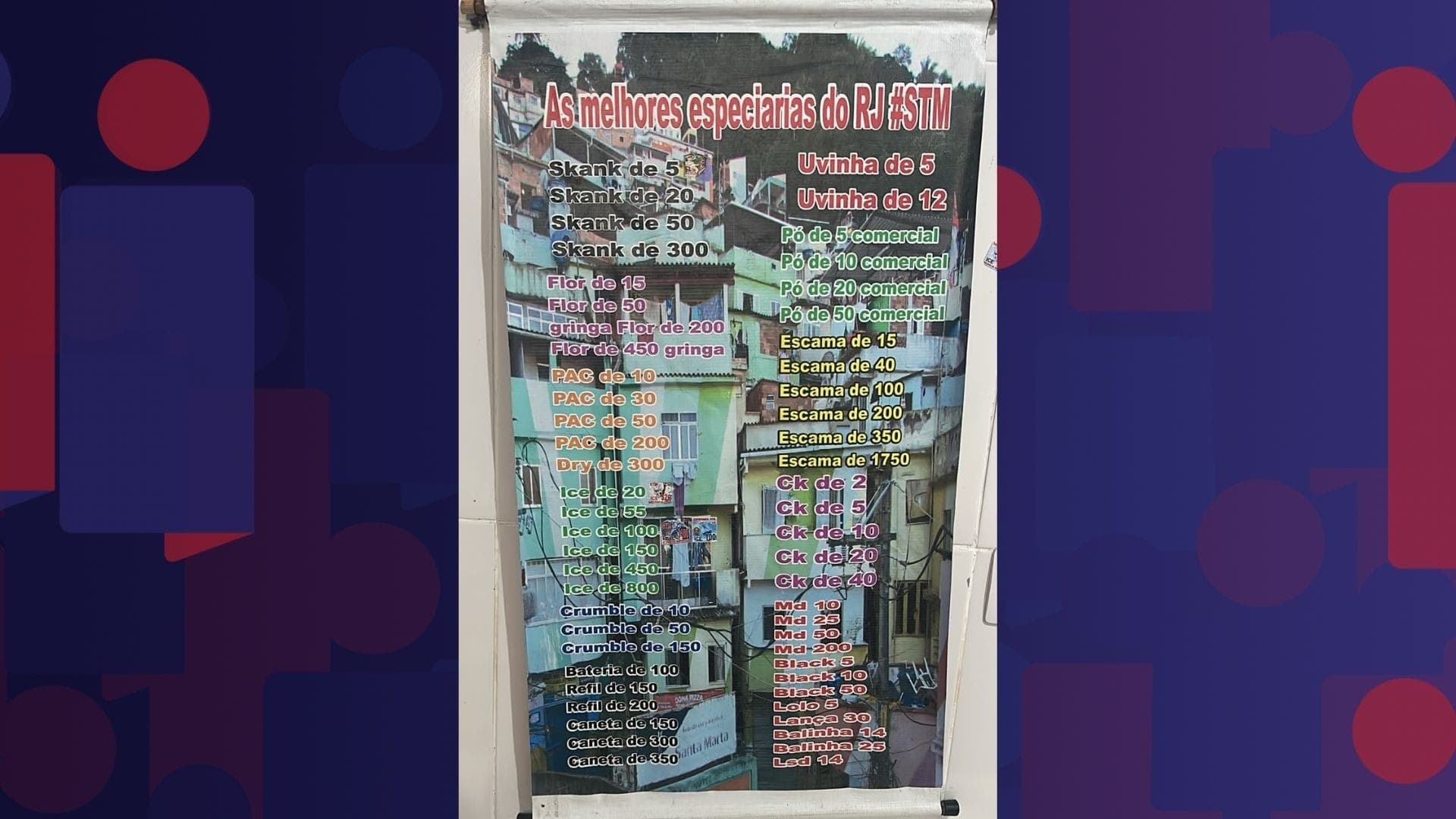 Cartaz mostra tipos de drogas e valores