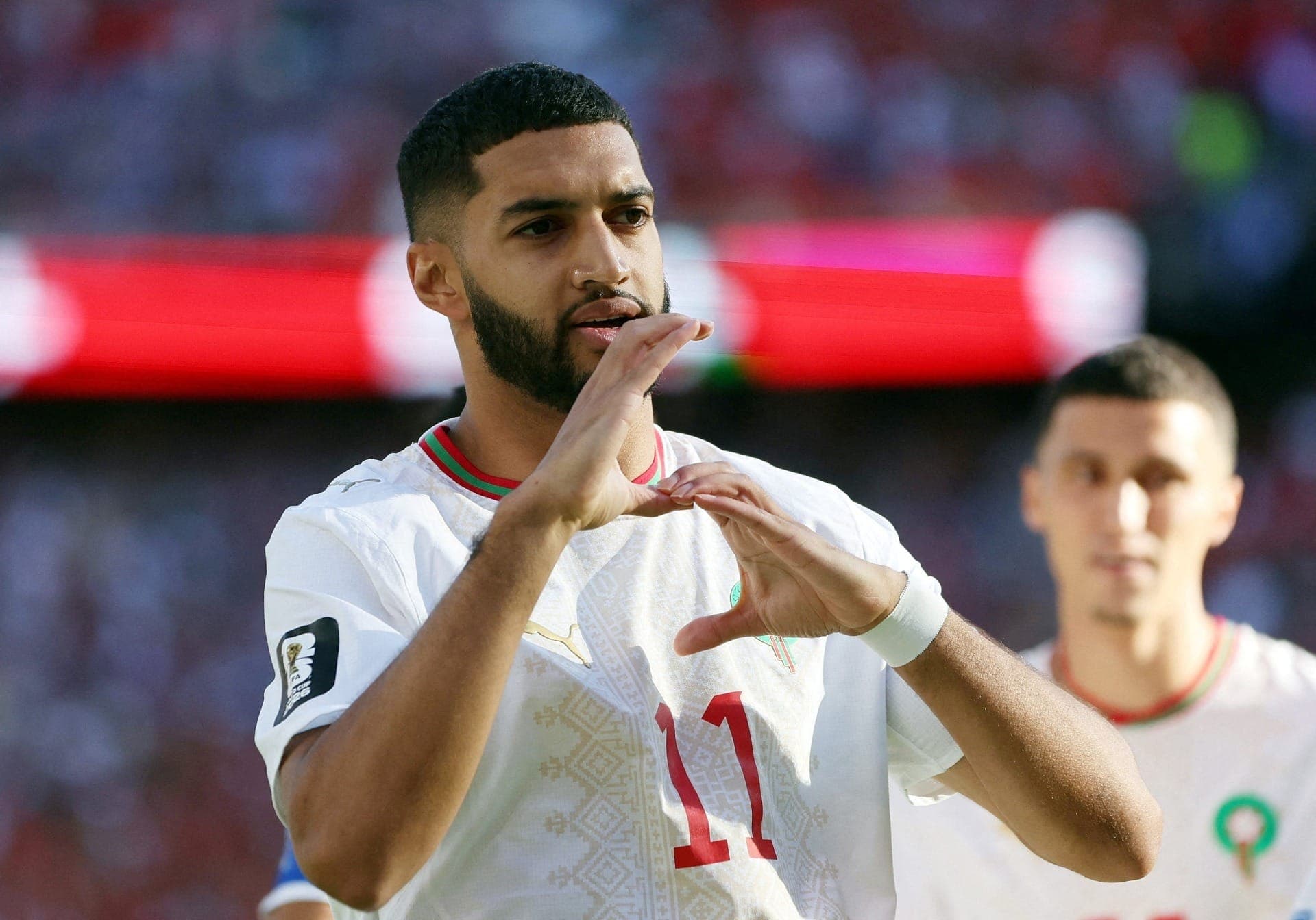 Saibari, goleador de Marrocos, comemora gol contra a Escócia na Copa do Mundo