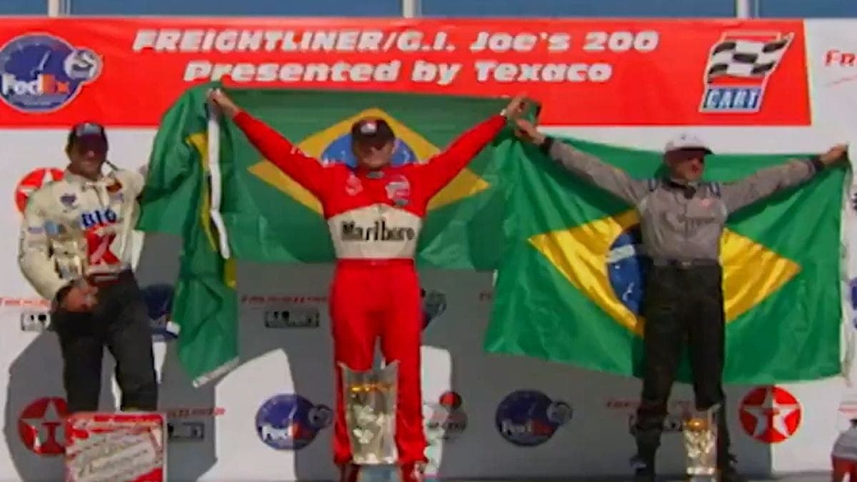 Christian Fittipaldi, Gil de Ferran e Roberto Pupo Moreno no pódio