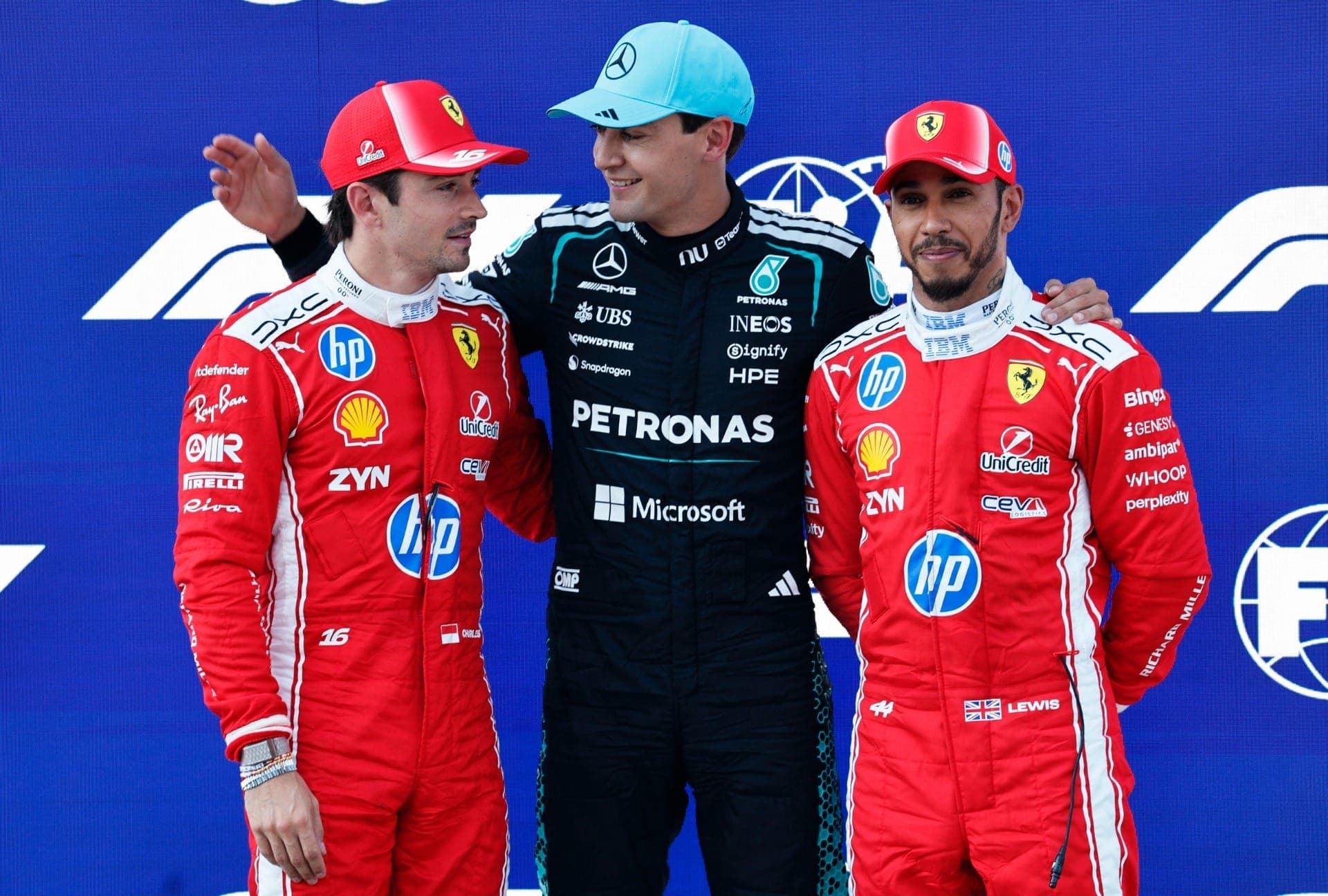 Leclerc, Russell e Hamilton após classificação do GP da Áustria de 2026