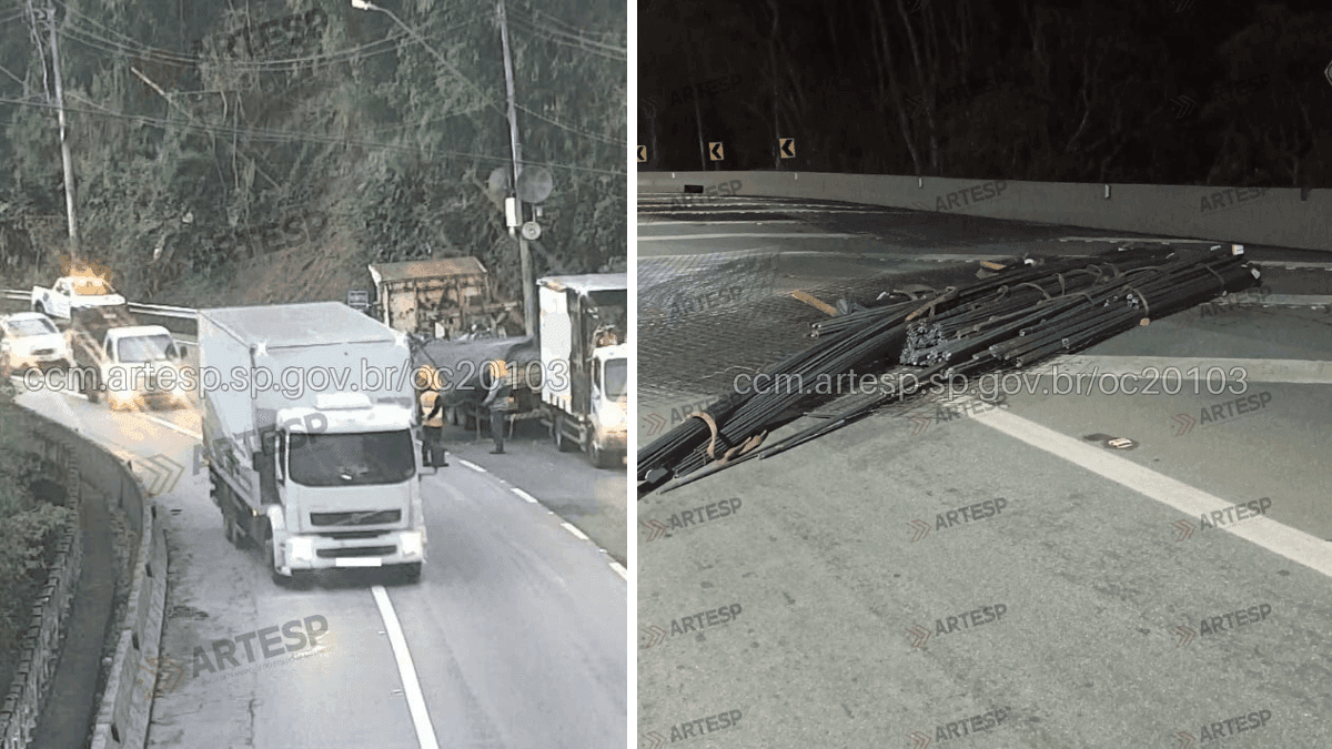 Carga cai de caminhão e interdita faixa da Tamoios em Caraguatatuba