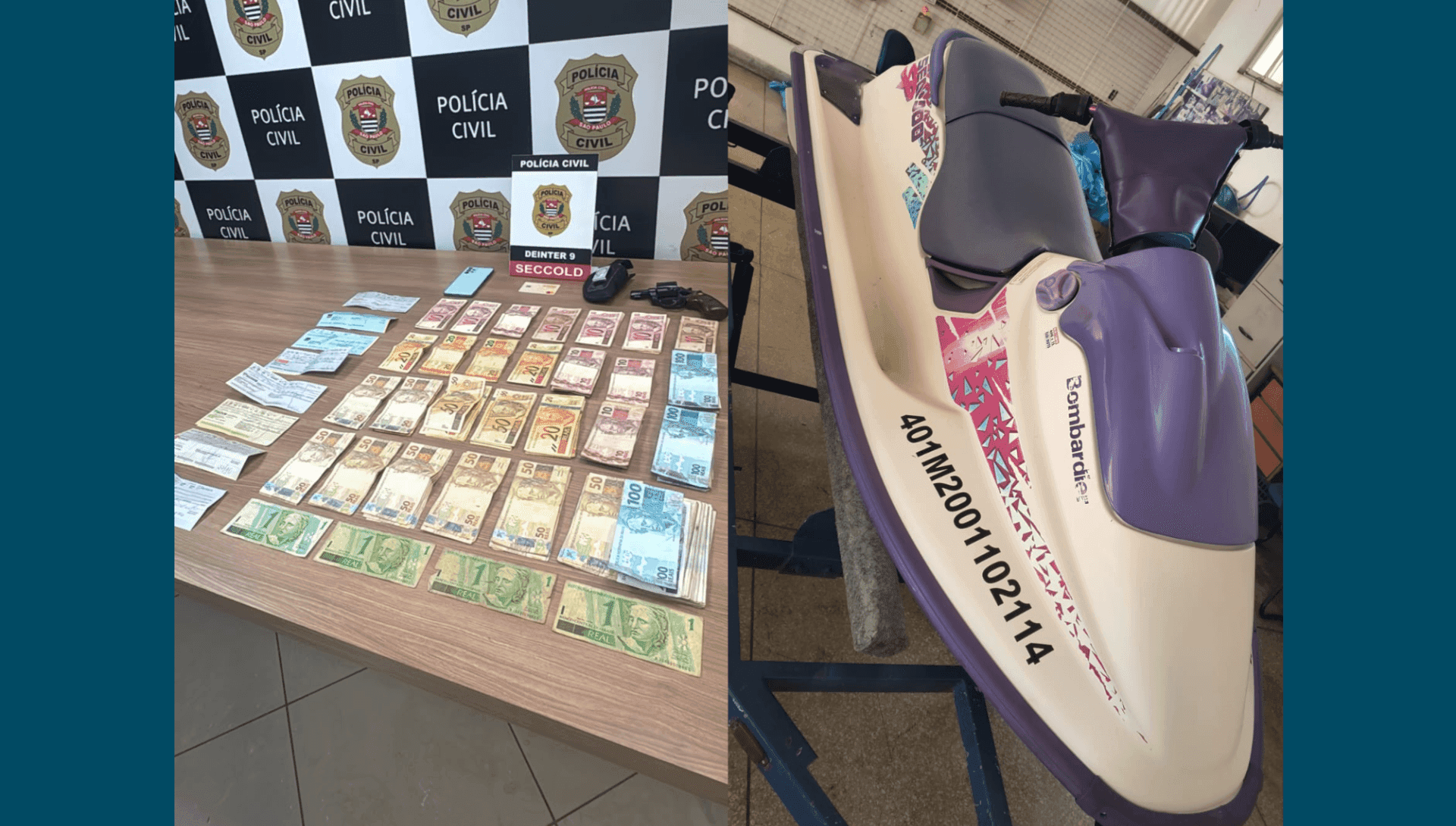Dinheiro e jet-ski apreendidos pela Polícia Civil em Limeira