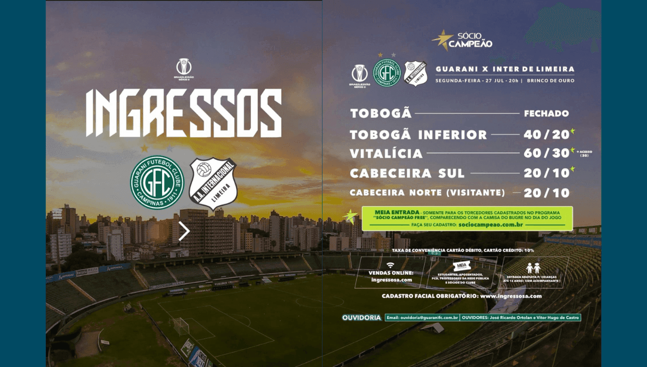 Guarani divulga valores dos ingressos para a próxima partida
