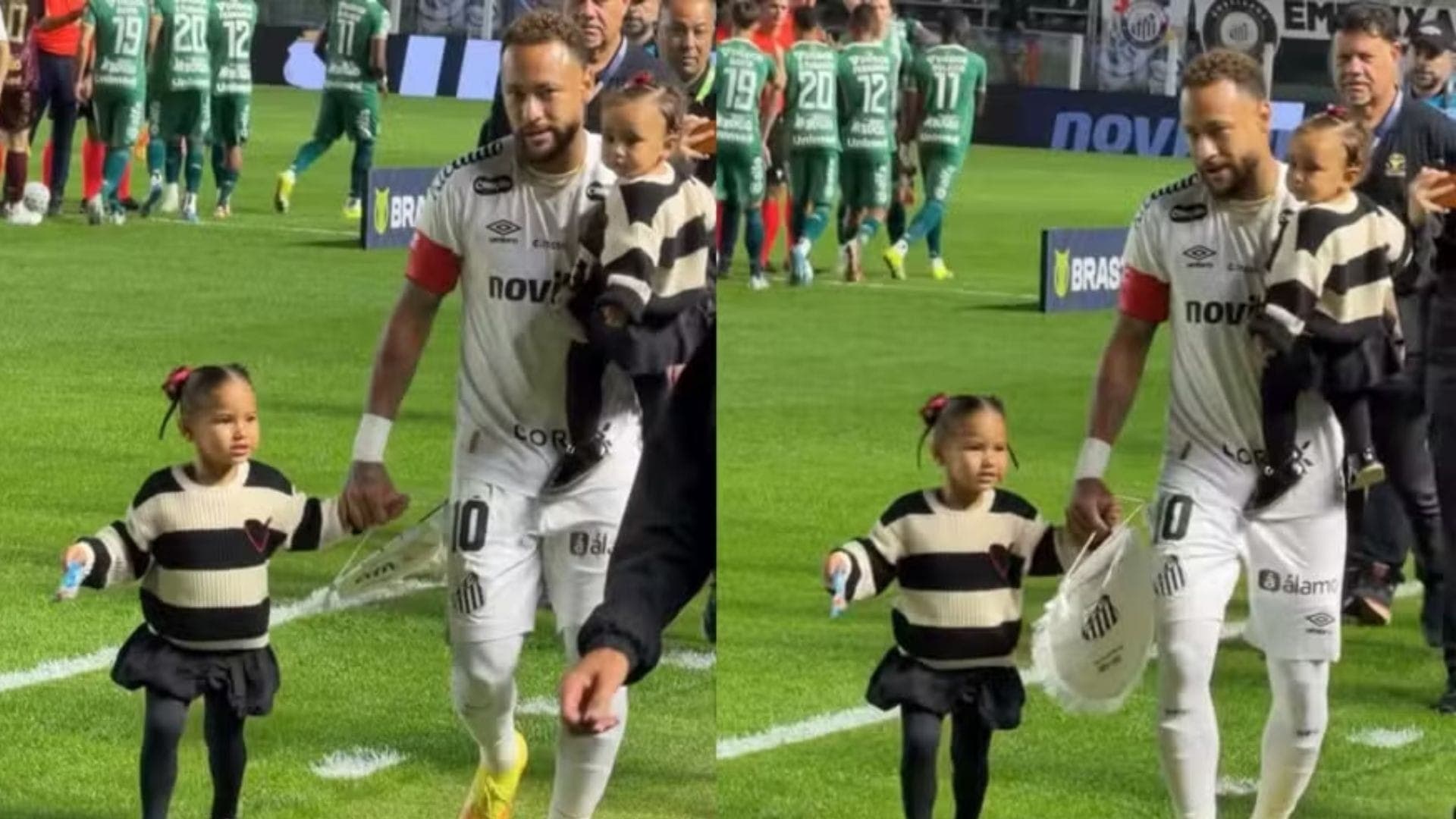 Neymar entra em campo ao lado das filhas Mavie e Mel antes de uma partida do Santos