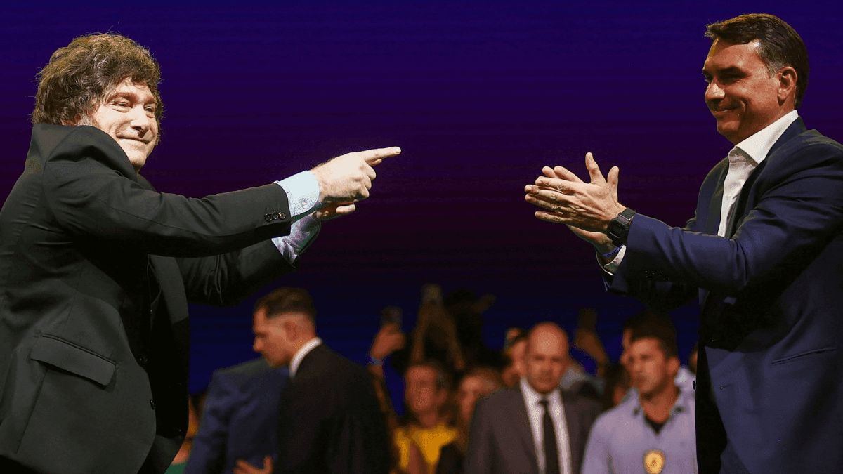 Javier Milei no evento que confirmou Flávio Bolsonaro como candidato à Presidência
