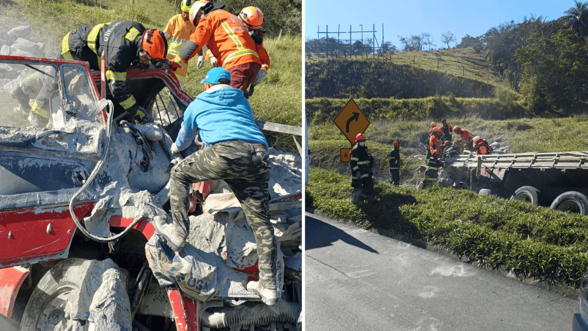Carga de cimento prensa cabine e motorista morre após acidente na Dutra