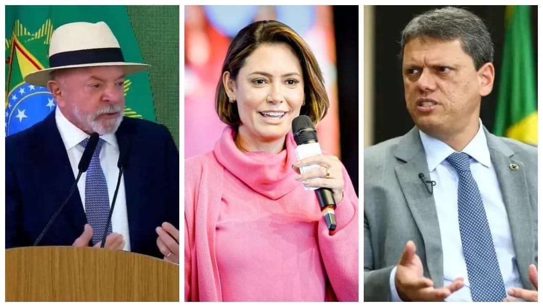 Lula (à esq.), Michelle Bolsonaro (centro) e Tarcísio (à dir.)