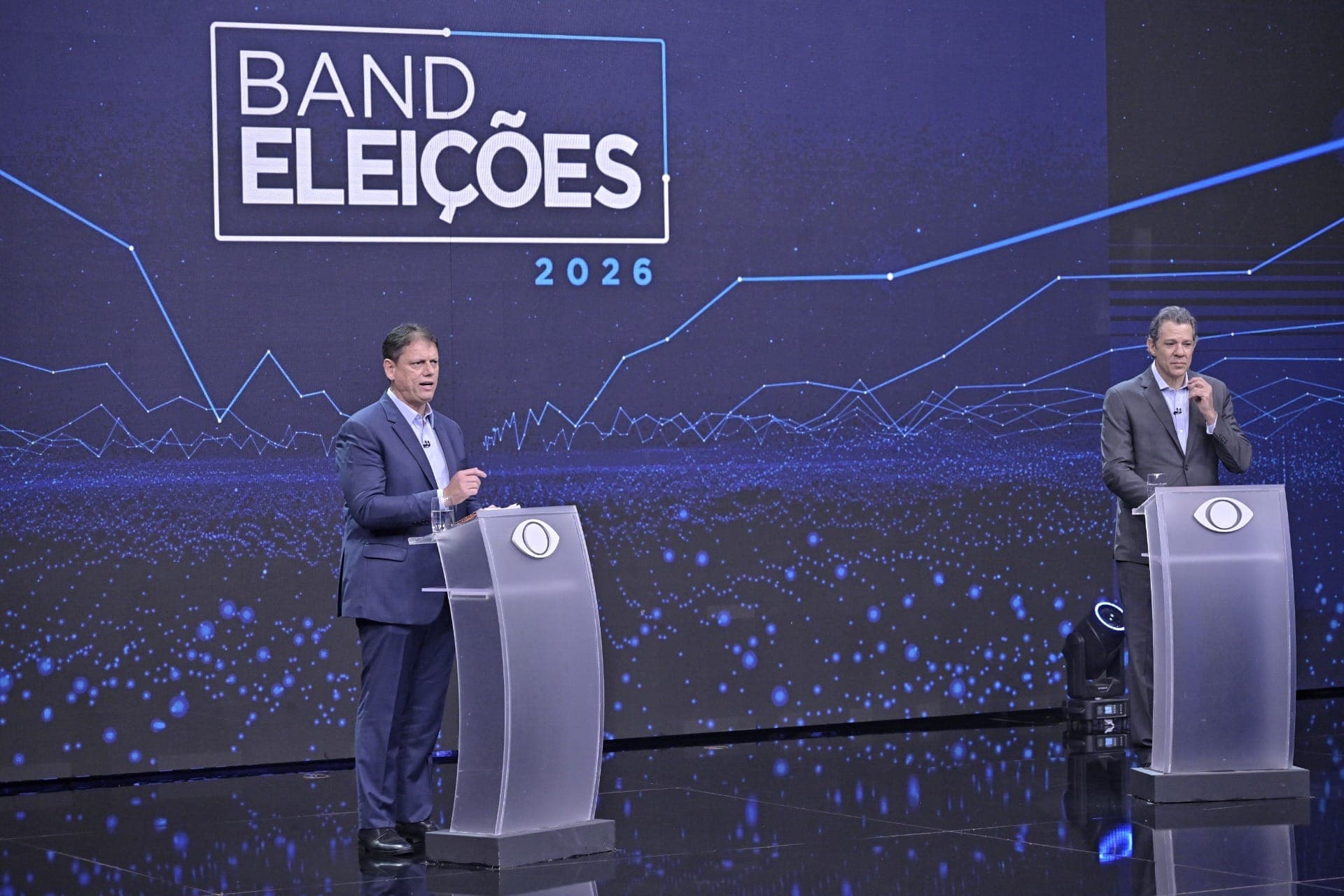 Debate na Band: Haddad e Tarcísio durante o primeiro debate para o governo de SP