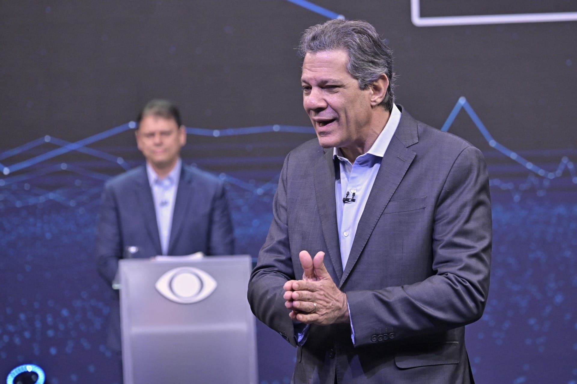Tarcísio de Freitas e Fernando Haddad durante o debate ao governo de SP