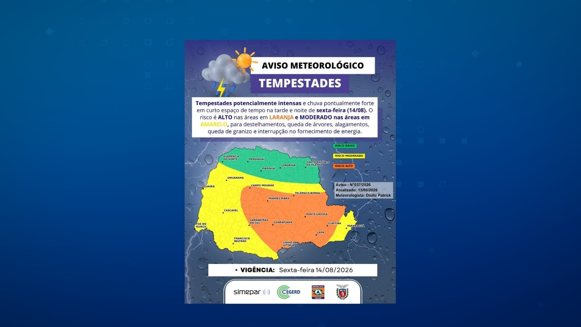 Alerta foi atualizado nessa quinta-feira pelo Simepar