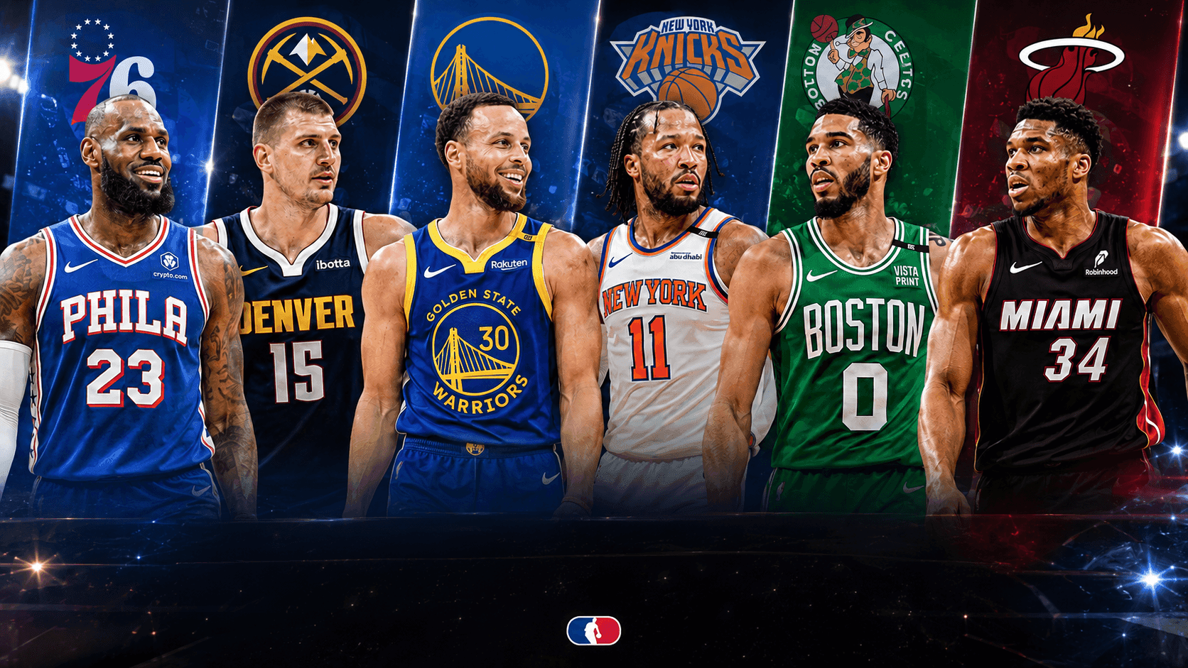 LeBron James, Nikola Jokic, Stephen Curry, Jalen Brunson, Jayson Tatum e Giannis Antetokounmpo