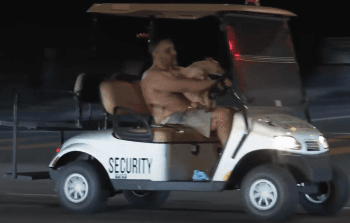 Homem seminu foge da polícia com cachorro no colo em um carrinho de golfe