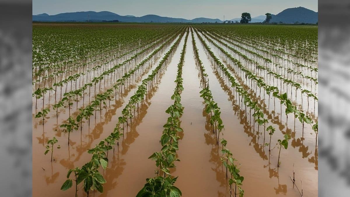 Lavoura de soja submersa devido às enchentes no RS