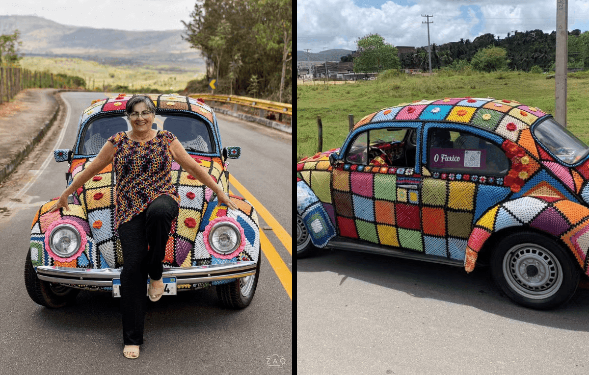 Aposentada compra fusca e decora todo o carro com crochê