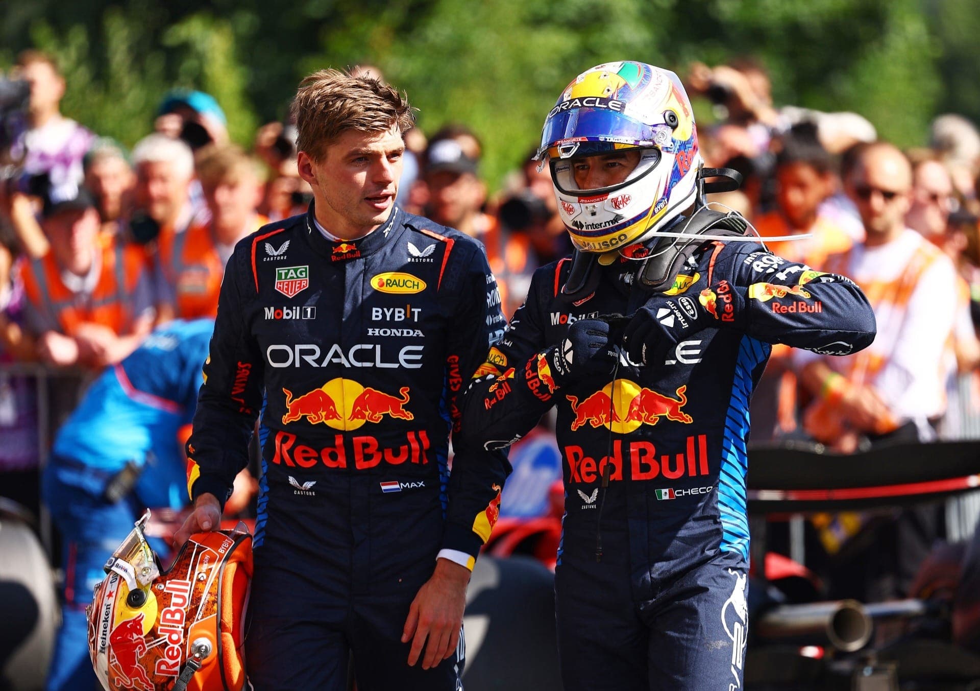 Max Verstappen e Sergio Pérez (Red Bull) no GP da Bélgica 2024