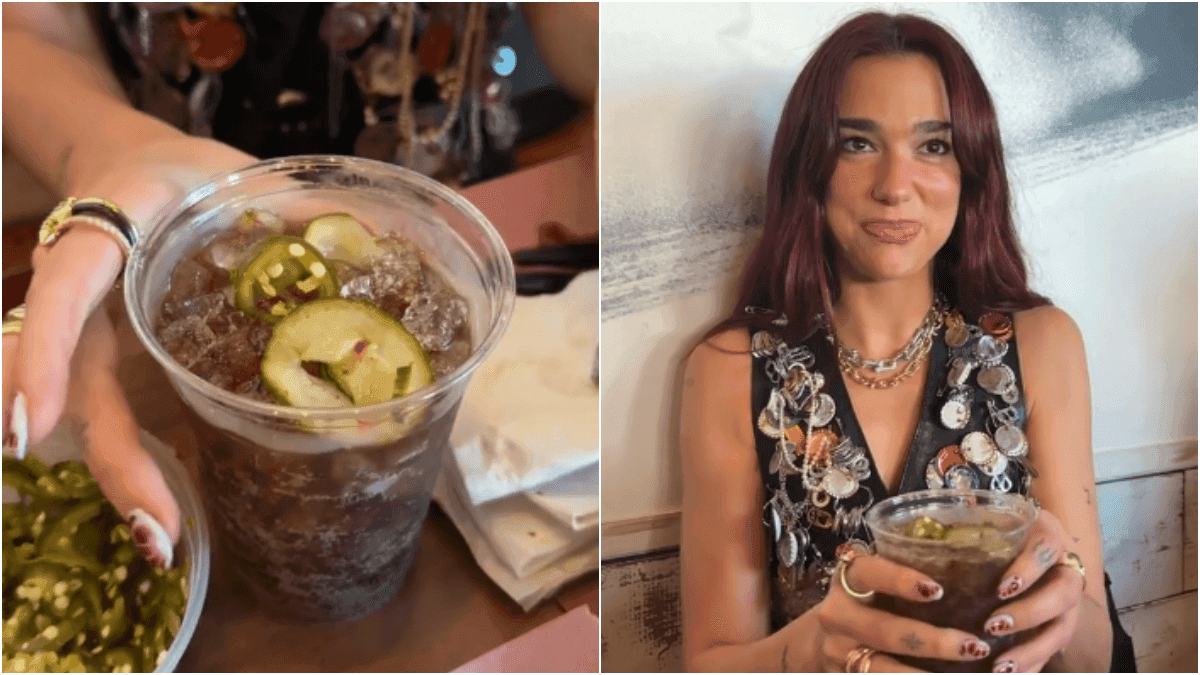 Dua Lipa ensina receita inusitada de refrigerante com picles e pimenta