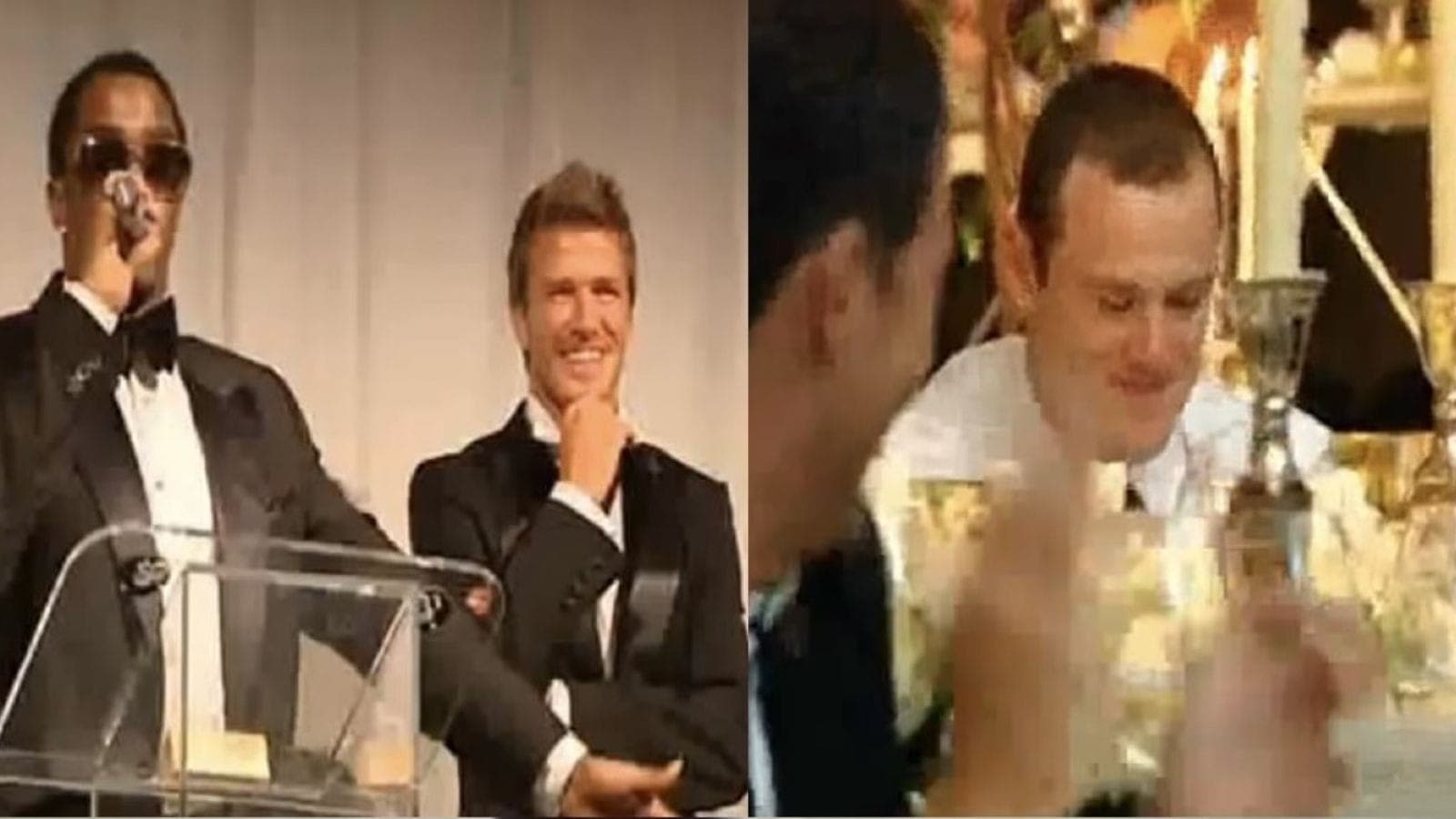 Puff Diddy ao lado de David Beckham no palco de evento e Rooney