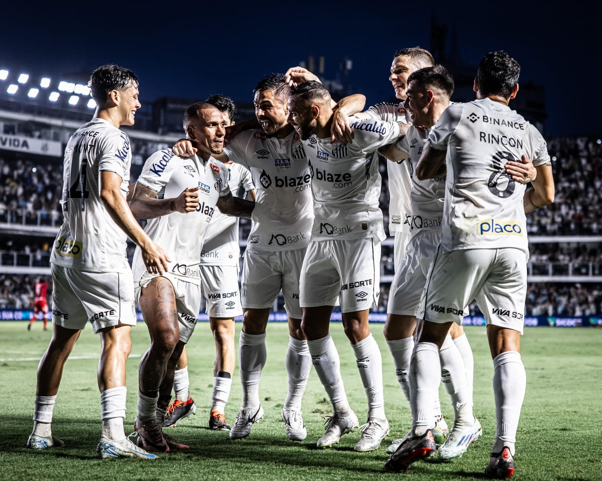 Santos comemora gol diante do Vila Nova, em duelo válido pela Série B do Brasileirão