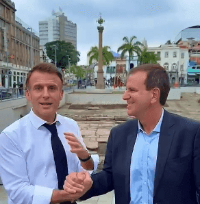 o presidente da França fez vídeos ao lado de Eduardo Paes