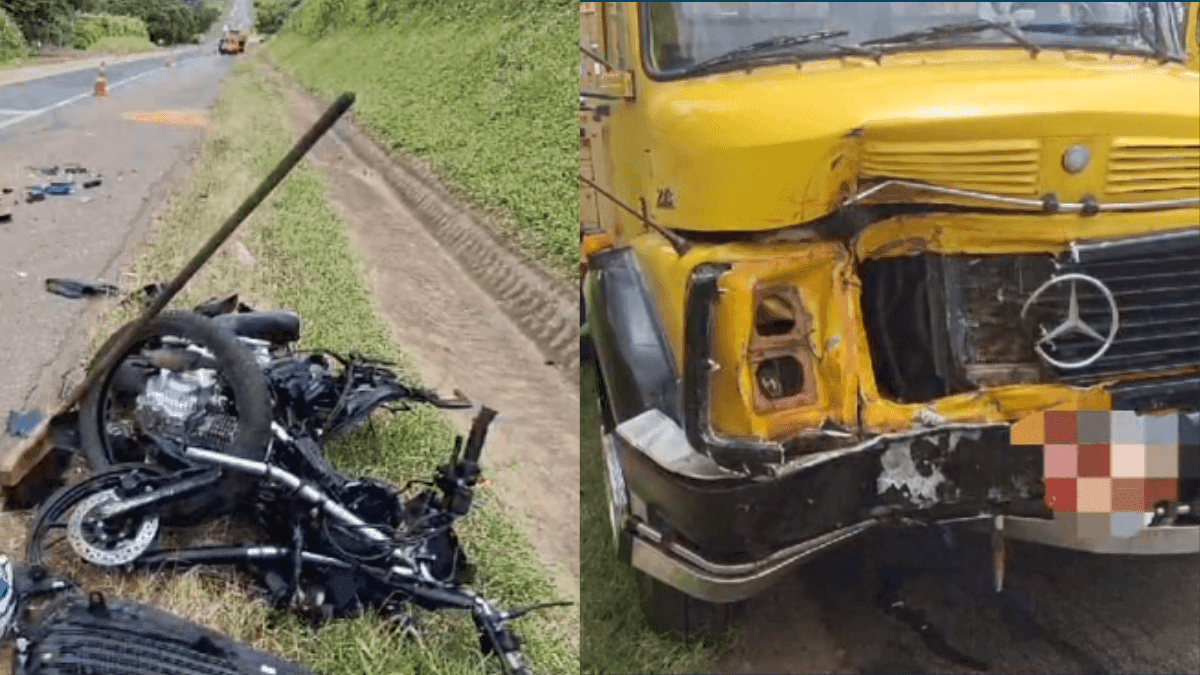 Motocicleta e caminhão envolvidos na colisão
