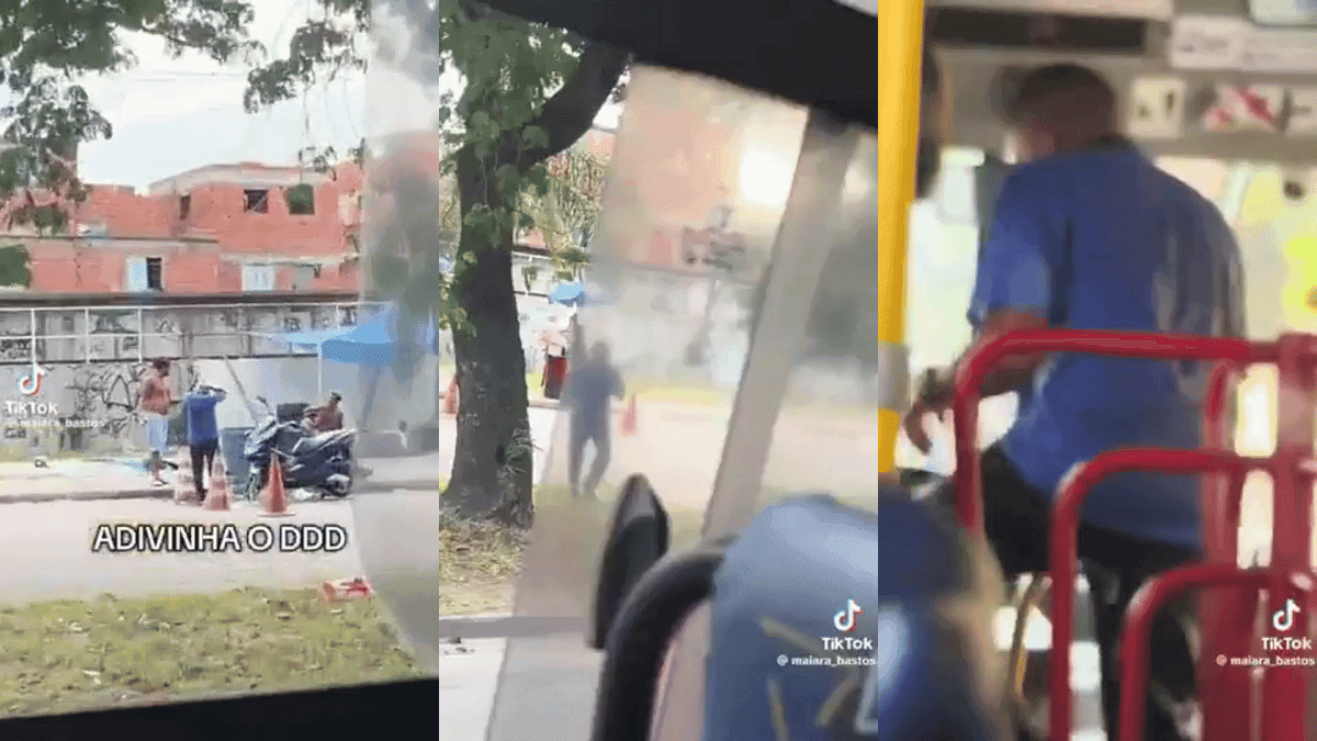 Motorista de ônibus estaciona para tomar banho de mangueira no Rio de Janeiro