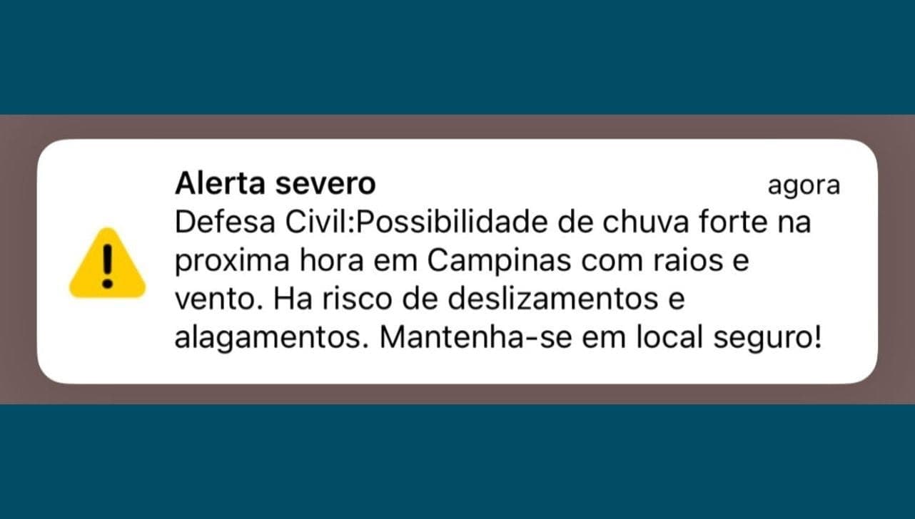 Alerta severo da Defesa Civil para fortes chuvas em Campinas