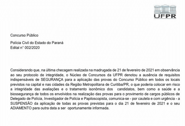 Concurso público da Polícia Civil do Paraná é suspenso horas antes da prova