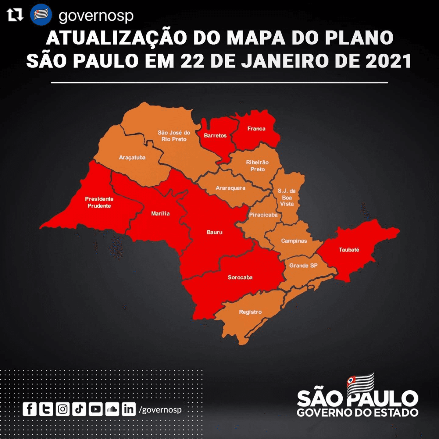Mapa com nova classificação do Plano São Paulo em 22 de janeiro